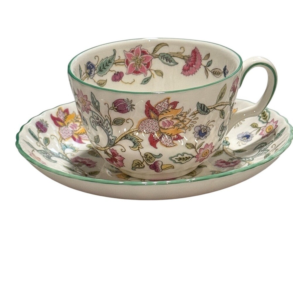 Minton Haddon Hall Tea Cup & Saucer Set Floral Green Trim England